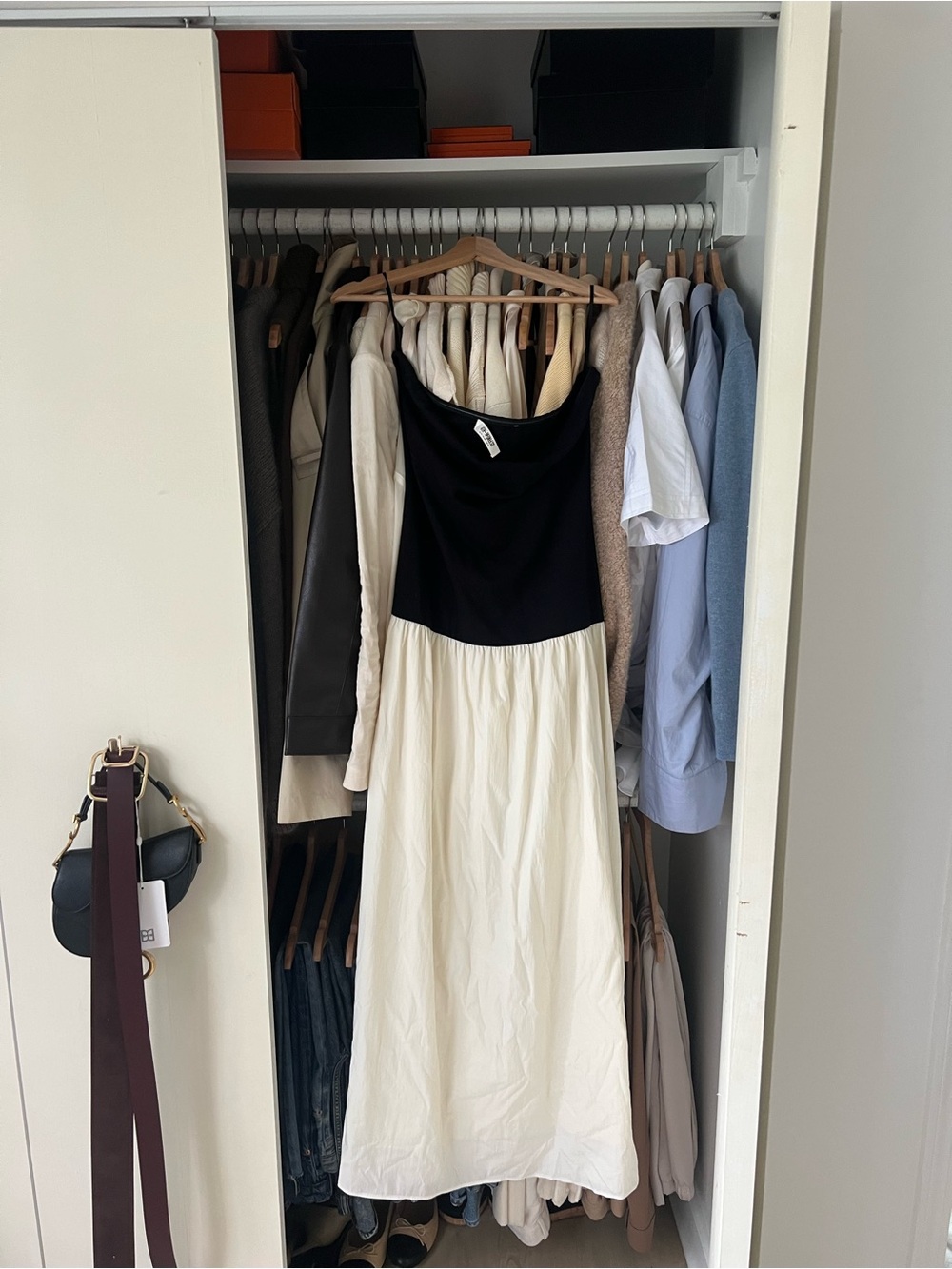 Strapless Black and Cream Two-Tone Midi Dress